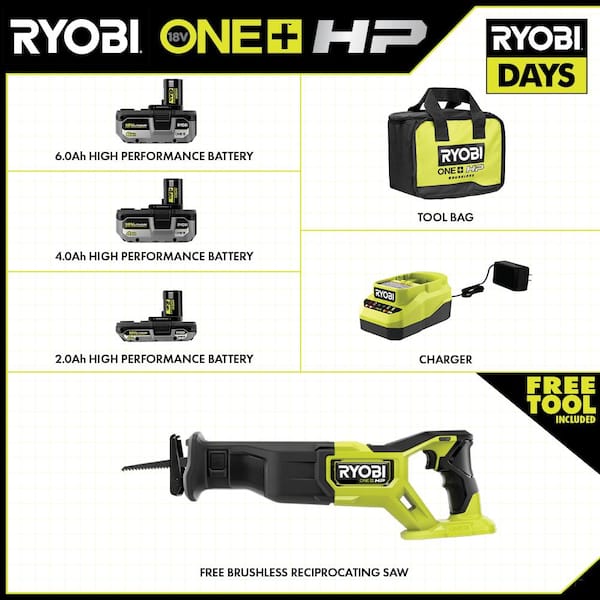 ONE+ 18V Lithium-Ion 2.0 Ah, 4.0 Ah, and 6.0 Ah HIGH PERFORMANCE Batteries and Charger Kit w/ HP Brushless Recip Saw