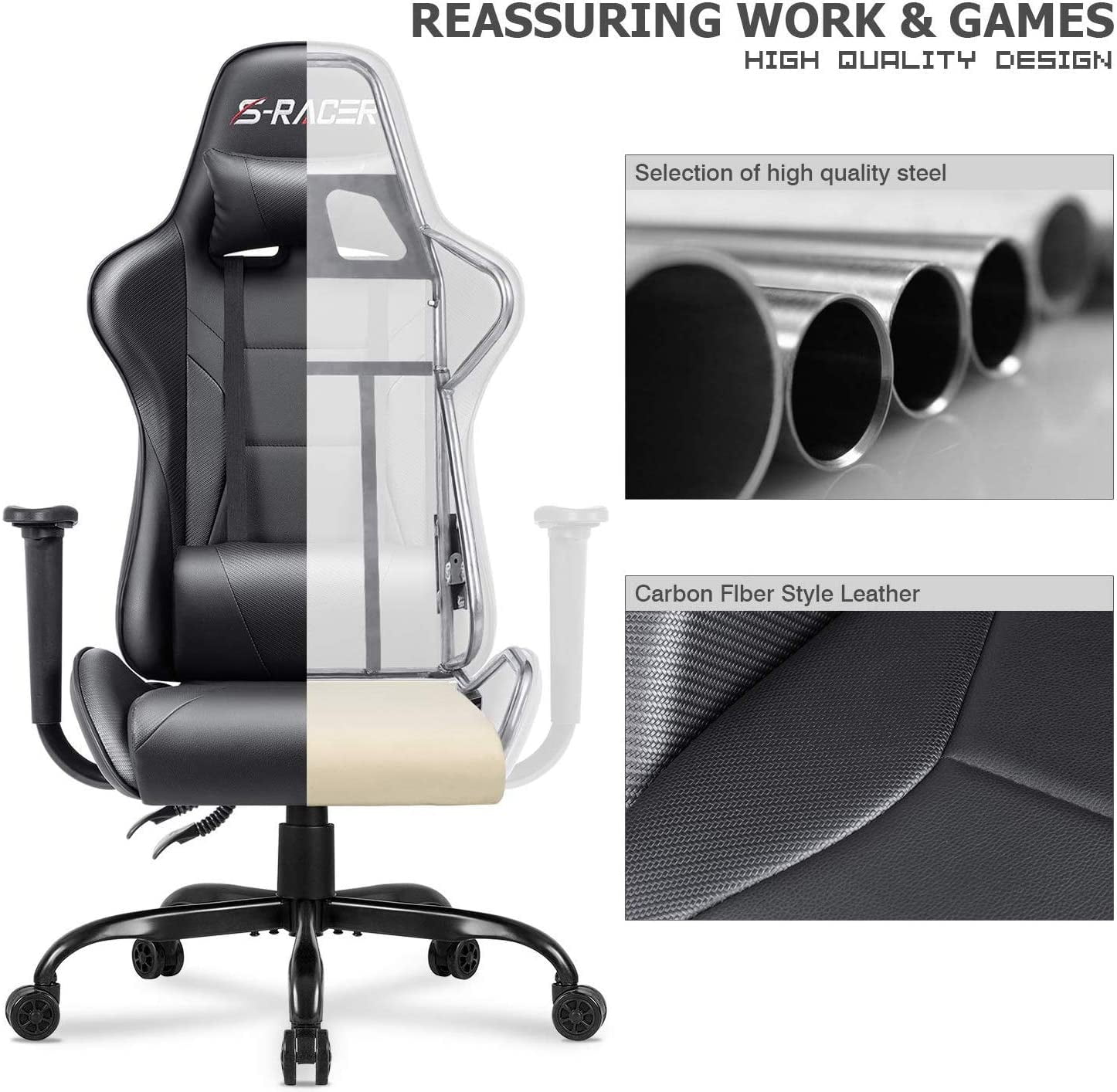 Homall Gaming Chair Office Chair High Back Racing Computer Chair PU Leather Adjustable Seat Height Swivel Chair Ergonomic Executive Chair with Headrest, Black