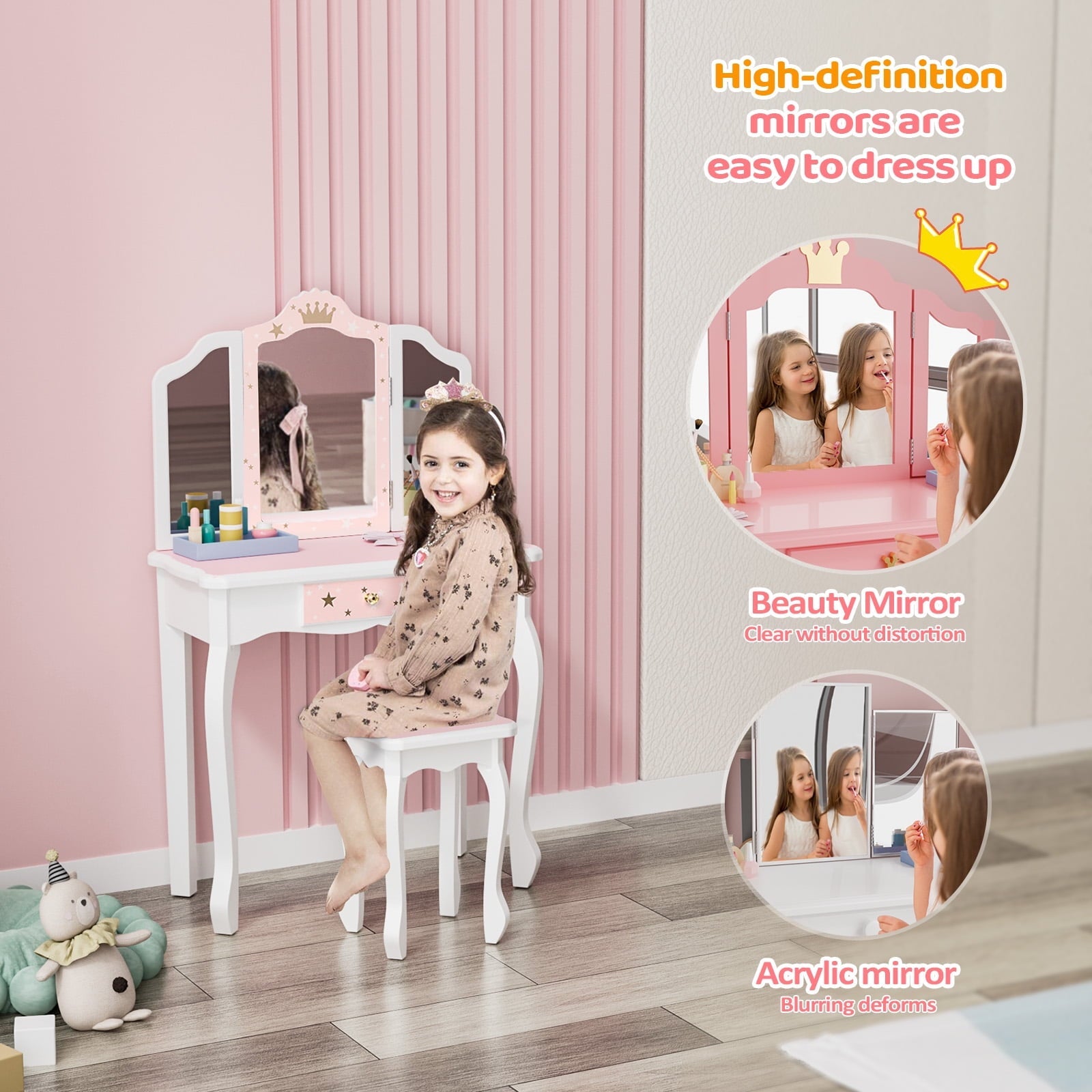 JOYMOR Kids Vanity Table and Stool for Makeup Dressing with Mirrors Drawers, White