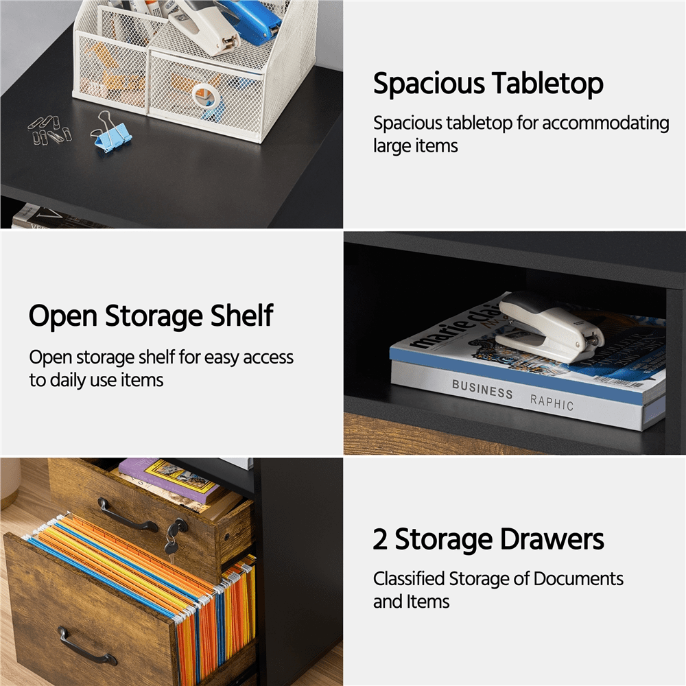 Smile Mart Rolling File Cabinet with 2 Drawers and Shelf, Black/Rustic Brown