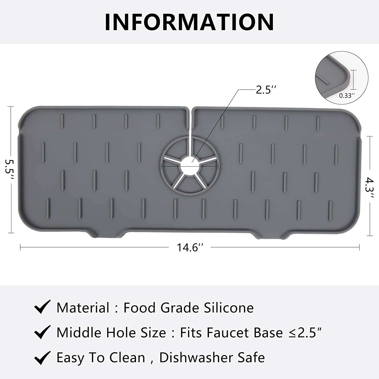 Silicone Faucet Water Catcher Mat Kitchen Sink Splash Guard Draining Pad Behind Absorbent Mat Grey Rubber Drying Mat for Bathroom Countertop Protect