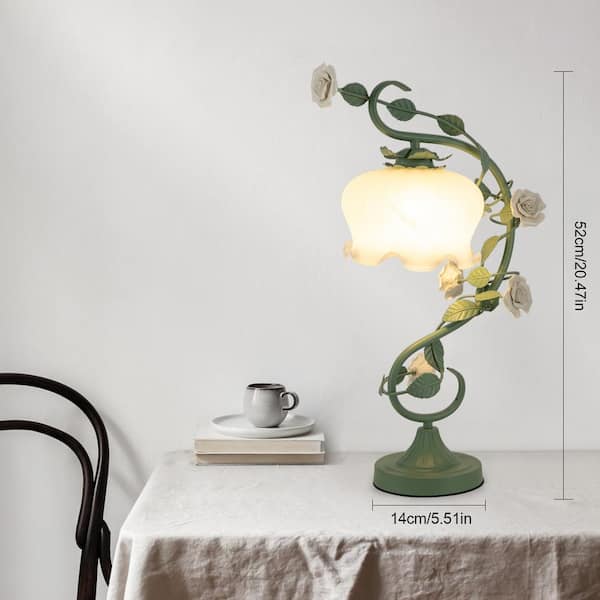20.5 in. Green Retro Rose Glass Gooseneck Desk Lamp with White Bent Glass Shade