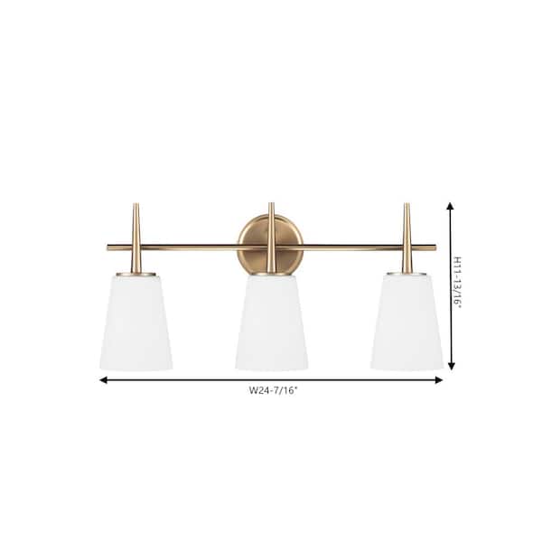 Driscoll 24.5 in. W. 3-Light Modern Satin Brass Bathroom Vanity Light with Inside White Painted Etched Glass