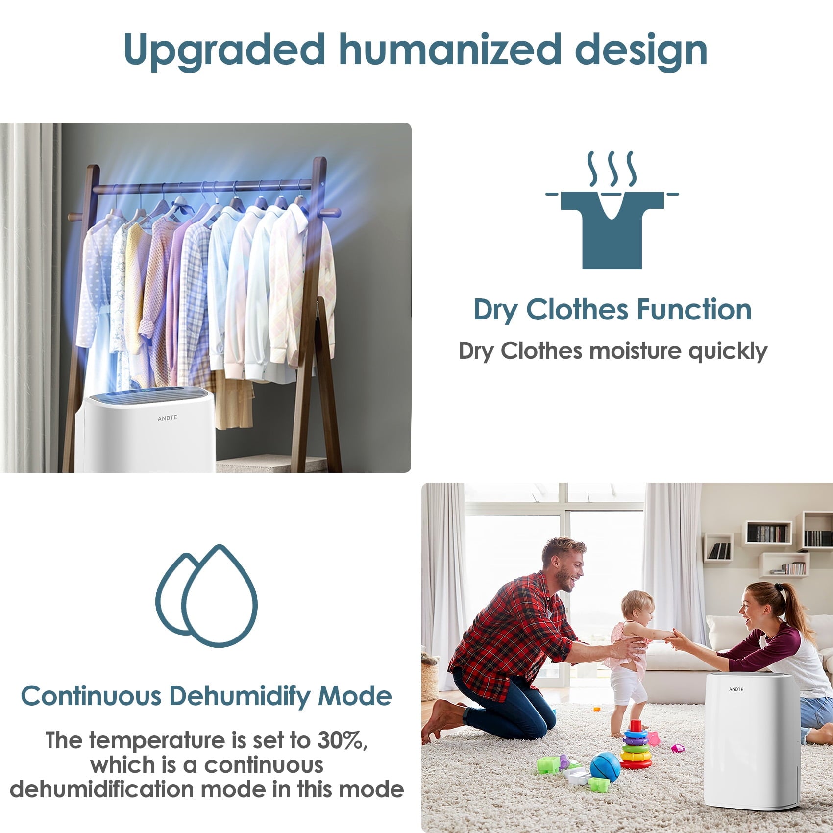 ANDTE 31 Pints Dehumidifiers, Spaces up to 2500 Sq.ft, Auto/Manual Drainage, 0.53 Gallon Water Tank, Auto Defrost, Dry Clothes Function, 24H Timer