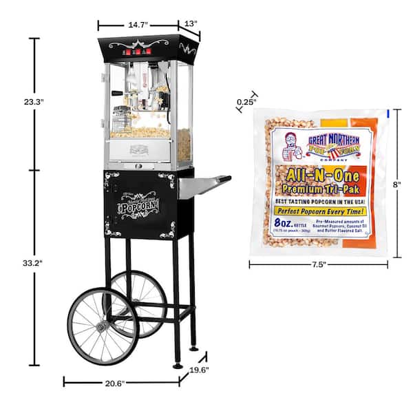 8 oz. Black Kettle, Warmer and 5 All-In-One Popcorn Packs Matinee Popcorn Machine and Cart - 3 Gal. Popcorn Popper