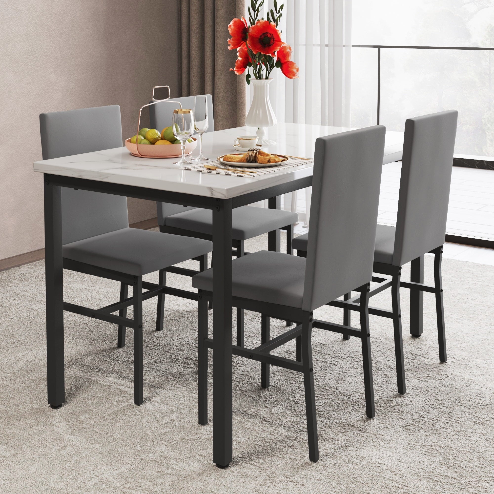 uhomepro 5 Pieces Dining Table Set, Elegant Marble Top Kitchen Table and Chairs for 4, Metal Frame Table and 4 Velvet Upholstered Chairs Perfect for Kitchen Breakfast Nook Bar Small Apartment