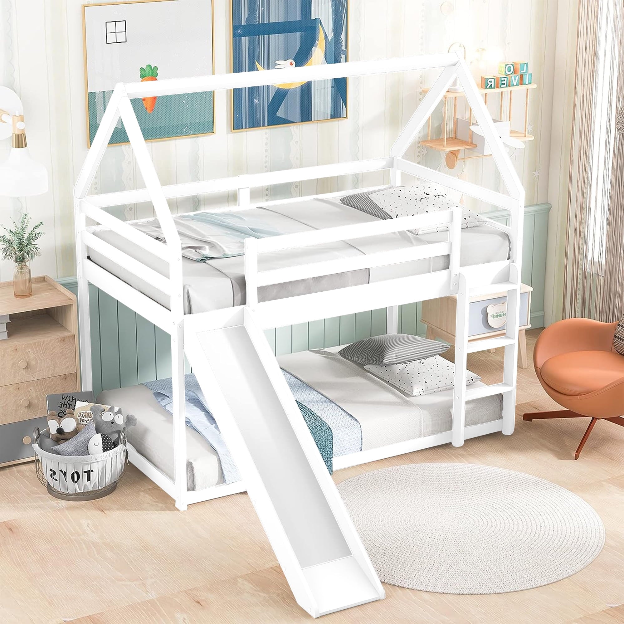 Kumji House Bunk Bed with Slide for Kids, Twin over Twin Metal Bunk Beds with Ladder and Full Guardrails, Bunk Bed Frame for Bedroom Dorm, Low Bunk Bed for Girls Boys, No Box Spring Needed, White
