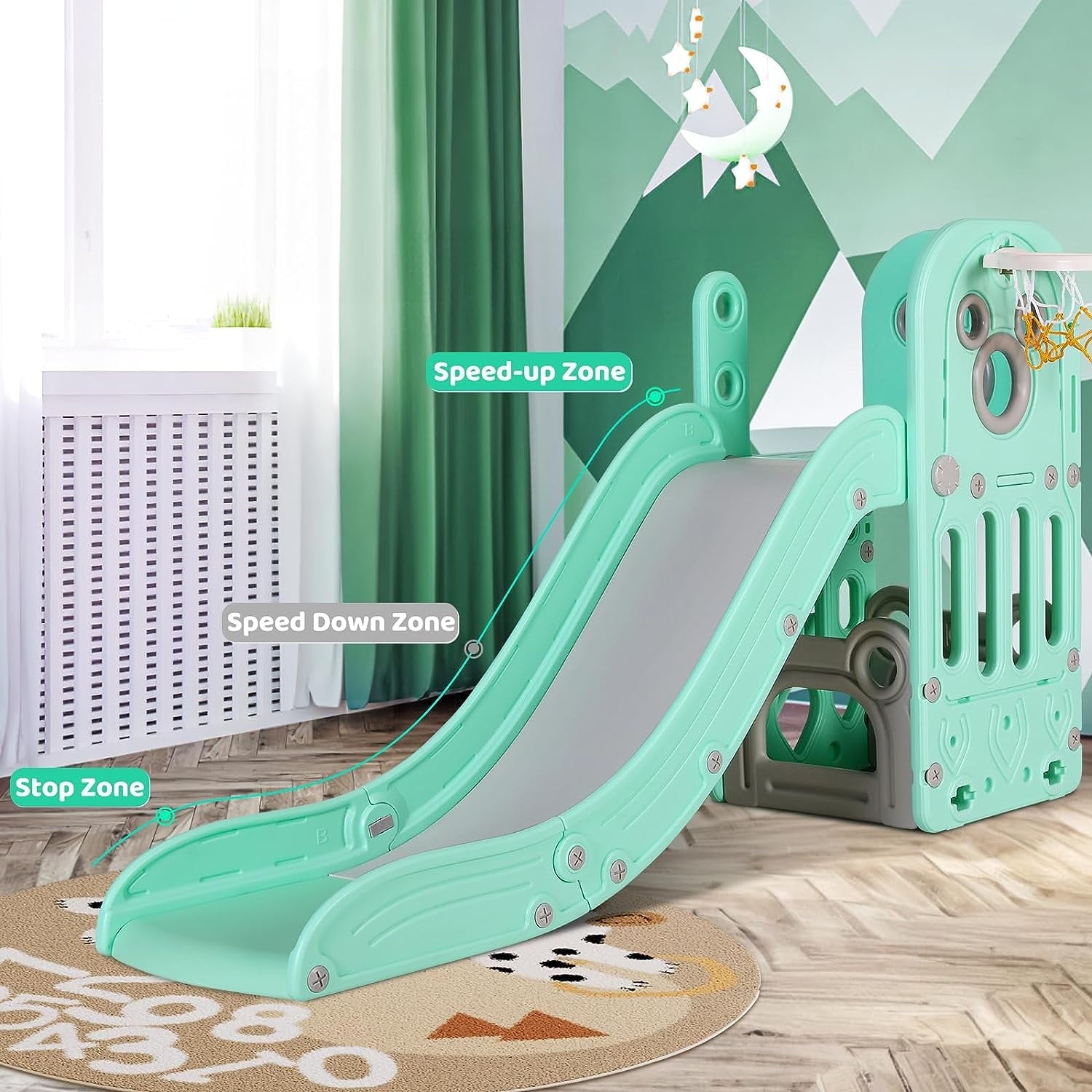 LAZY BUDDY Sturdy Kids Slide, 4 in 1 Toddler Slide and Climber Playset with Basketball Hoop & Storage Space, Non-Slip Steps, Indoor Outdoor Toys for Boys Girls