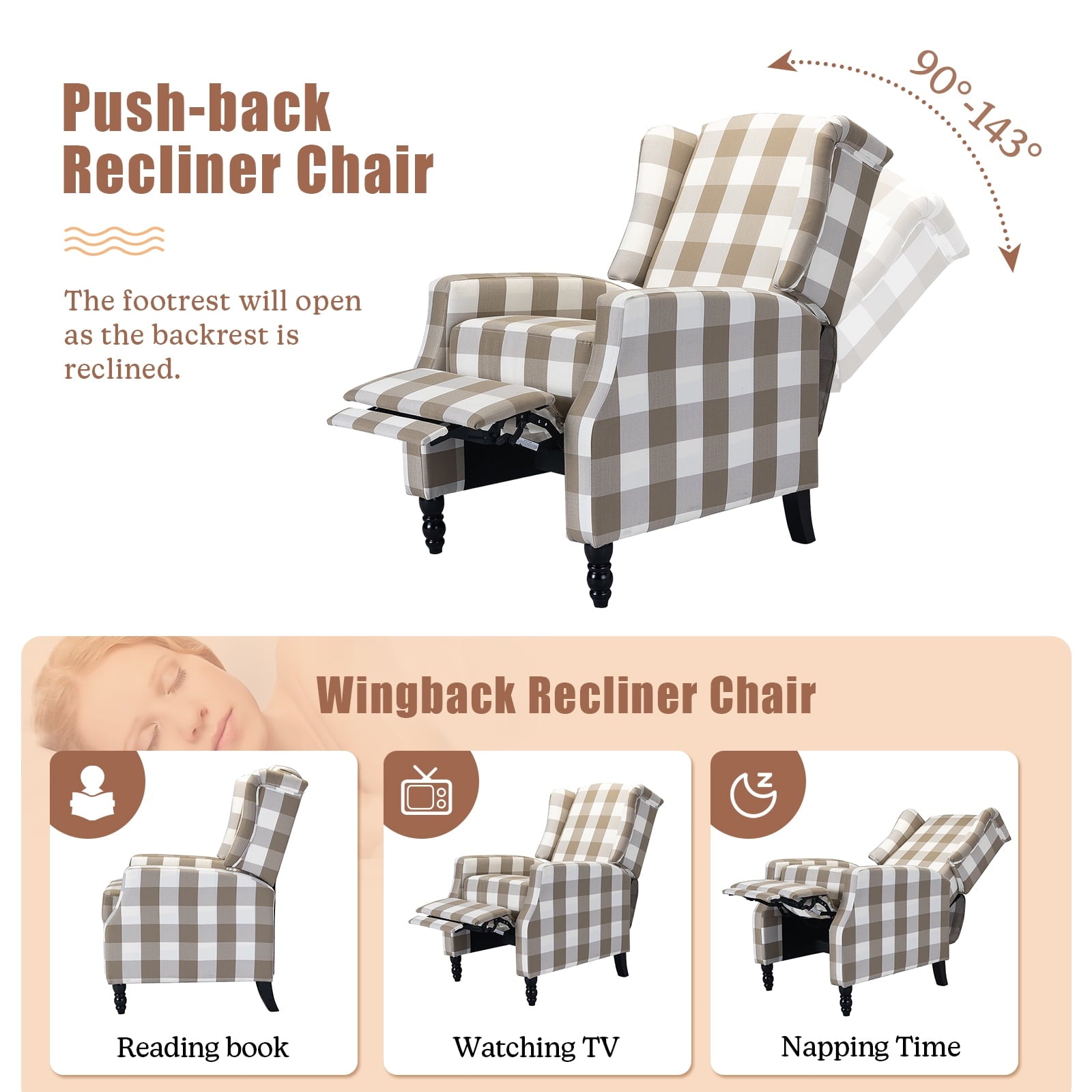 14 Karat Home Home Theater Recliner Chair with Padded Seat & Footrest, Beige Plaid