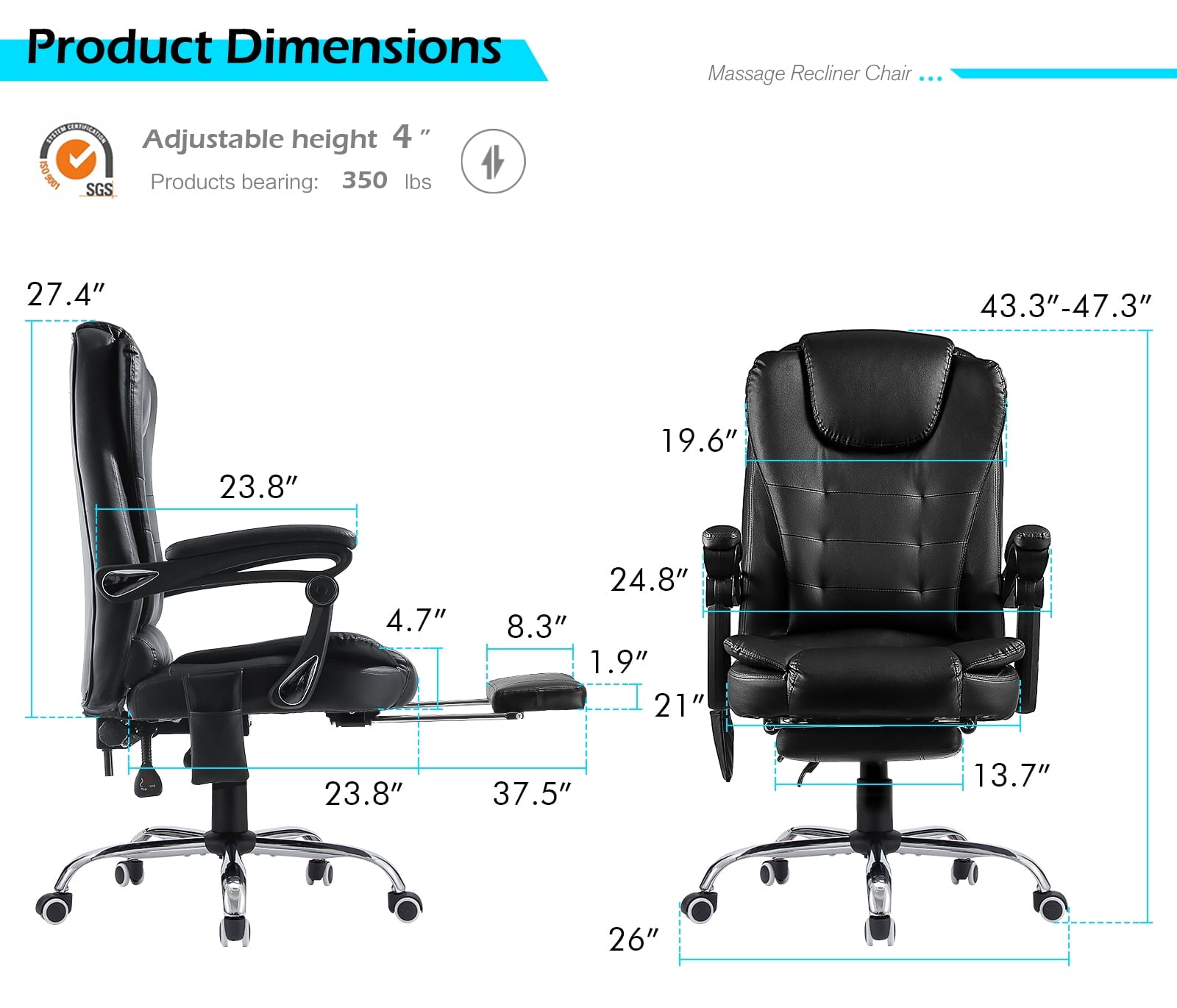 YODOLLA Ergonomic Office Chair with Heated 7 Points Massage Retractable Footrest, High Back Swivel Leather Chair Big and Tall Heated Reclining Office Chair, Black