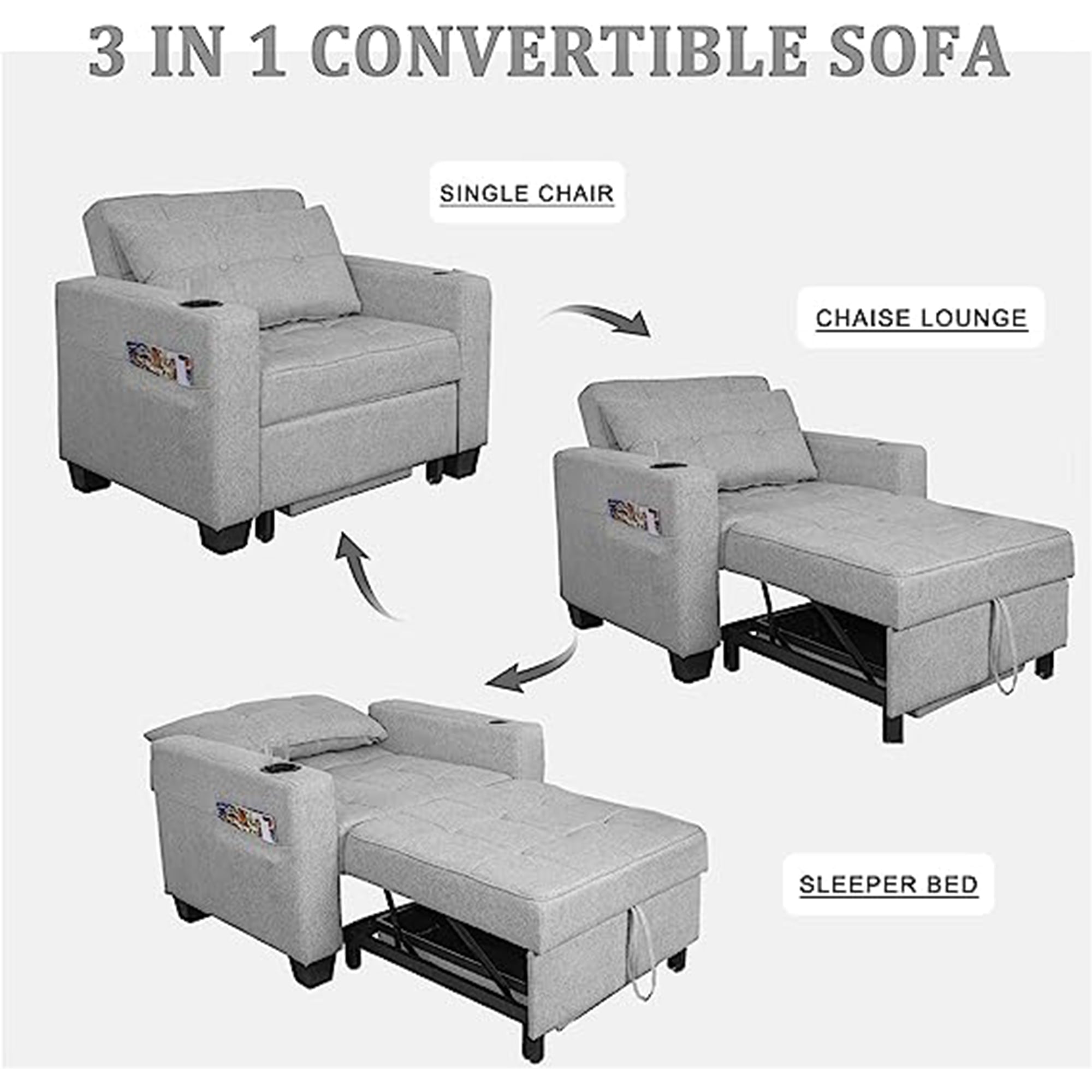 DURASPACE Accent Chair Chaise Lounge Indoor Arm Chair with USB Port, Cup Holder, Side Pocket, Storage, Pillow for Living Room Bedroom - Light Gray