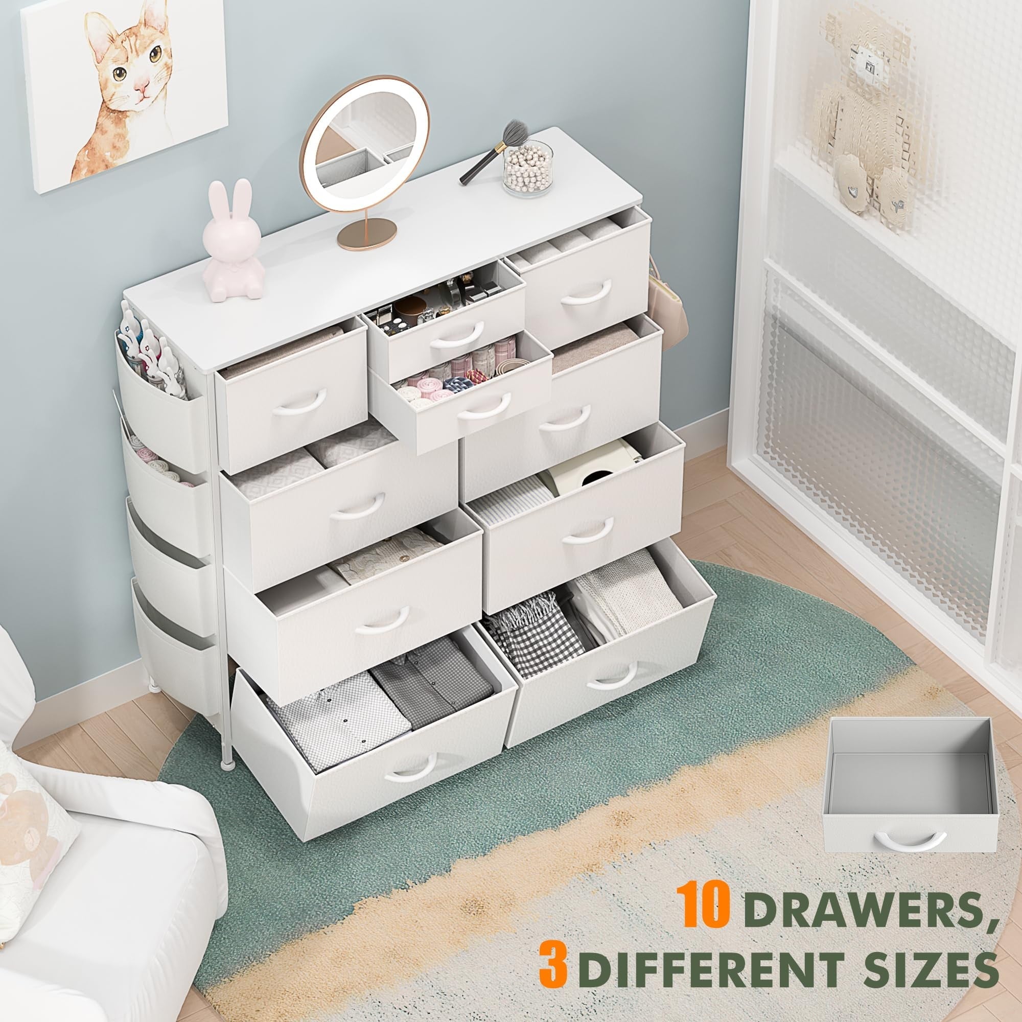 GIKPAL 10 Drawer Dresser, White Dresser Chest of Drawers Dressers for Bedroom Modern PU&Fabric Dresser Tall Dresser with Side Pockets and Hooks, White