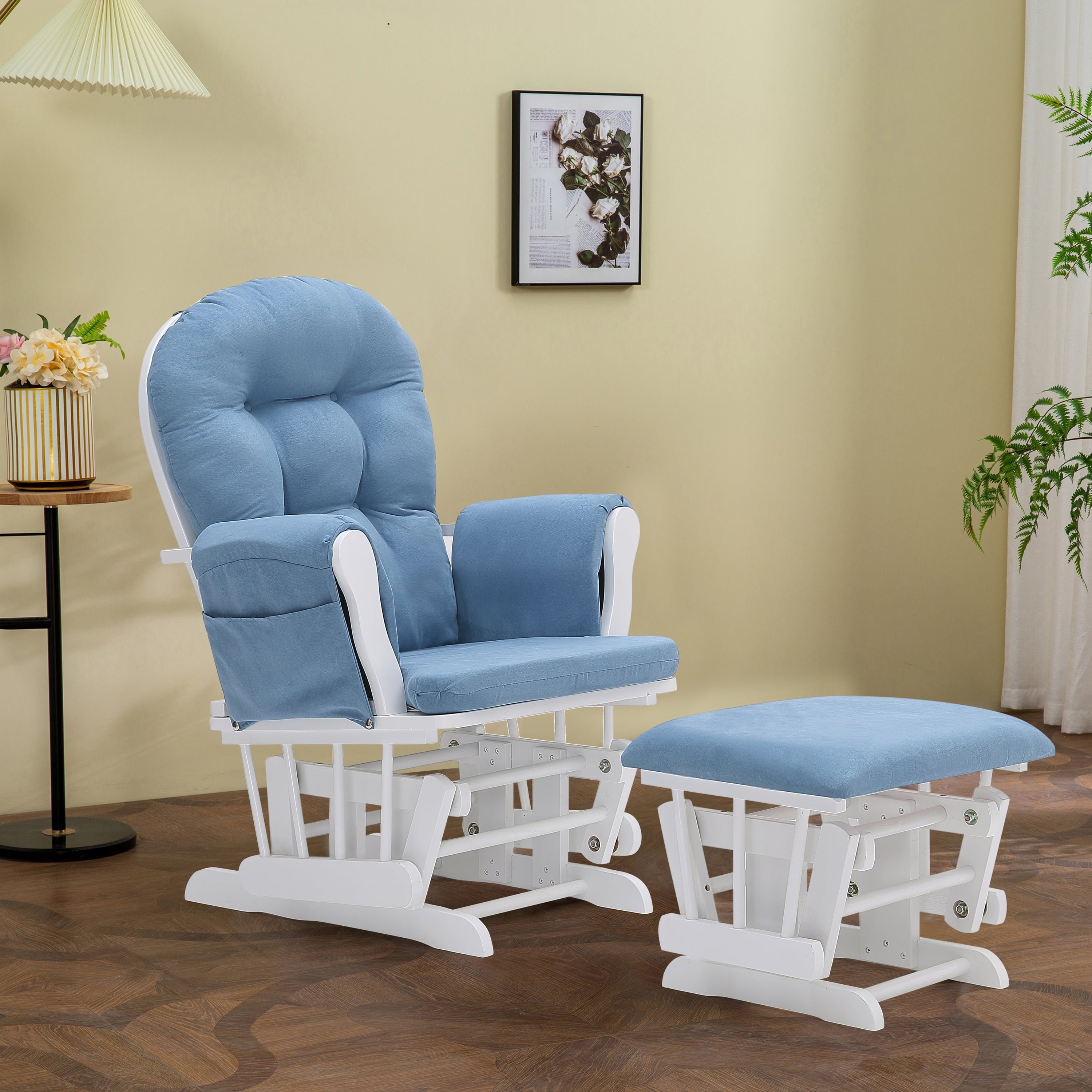 Willow Glider with Ottoman, White Finish with Gray Chevron Cushions