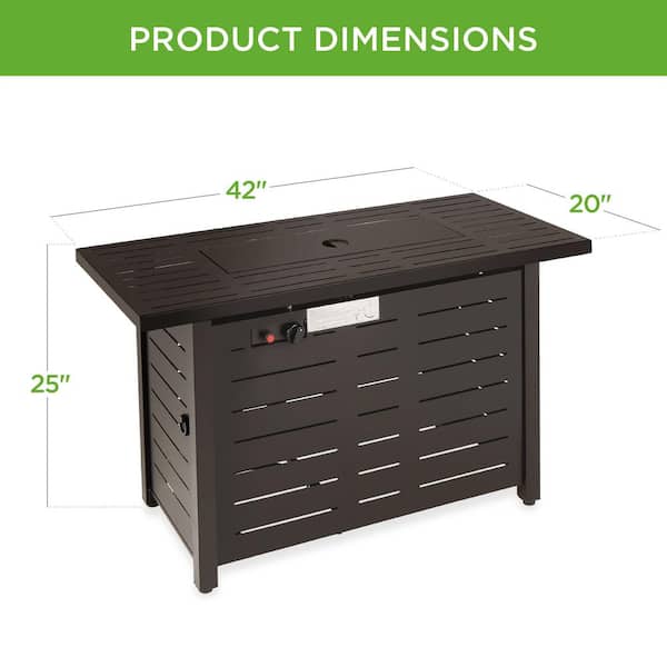 Dark Brown 42 in. Rectangular Steel Fire Pit Table 50,000 BTU Propane Gas with Cover, Glass Beads