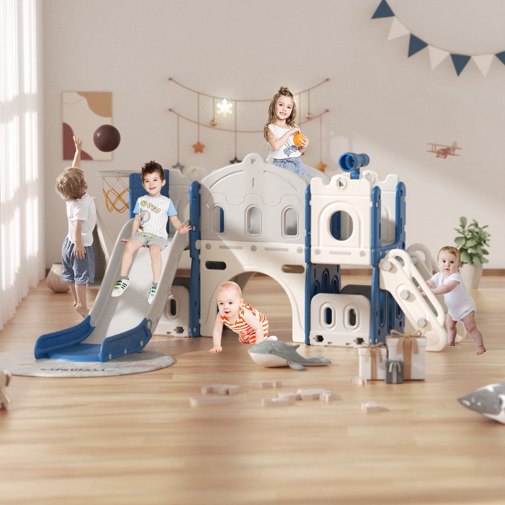 XJD 8-in-1 Toddler Slide Climber, Slide Set Playground for Kids, Slide Toddlers Climber and Slide Set with Basketball Hoop and Ball, Slide for Toddlers Age 12 Month +(Blue)