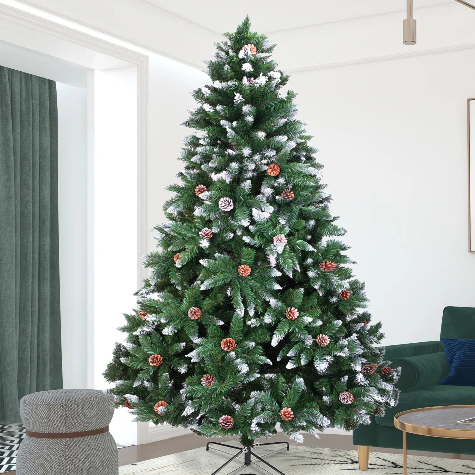 BTMWAY 7FT Snow Flocked Christmas Trees, Artificial Christmas Tree with 1350 Branch Tips and 61 Pine Cones, Flocking Spray White Xmas Tree with Sturdy Metal Base for Holiday Decor, White&Green