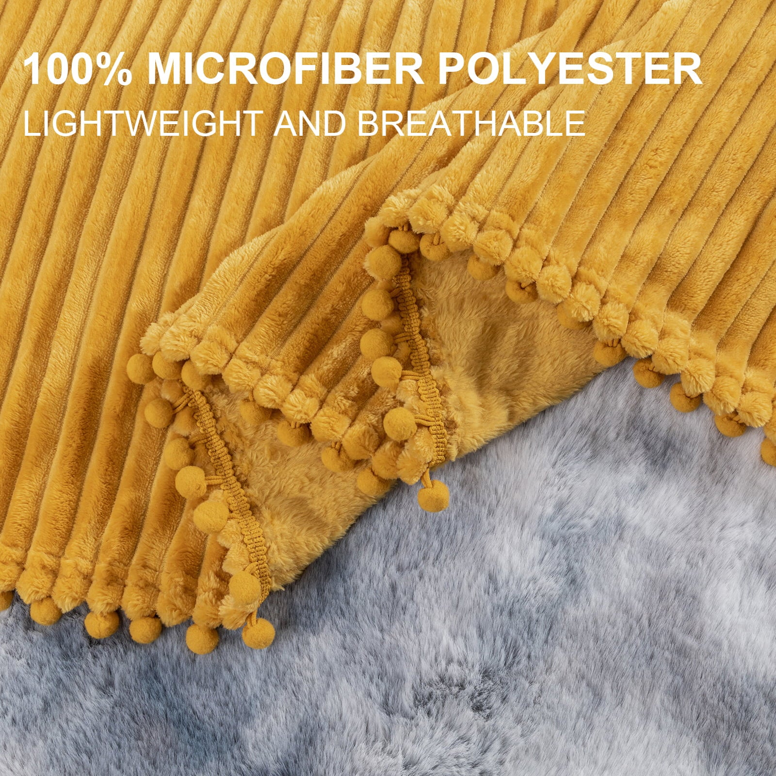 DISSA Flannel Fleece Blanket Soft Large Throw Blanket with Pompom Fringe Lightweight Cozy Plush Blanket Fit Sofa Bed(Mustard Yellow,51x63