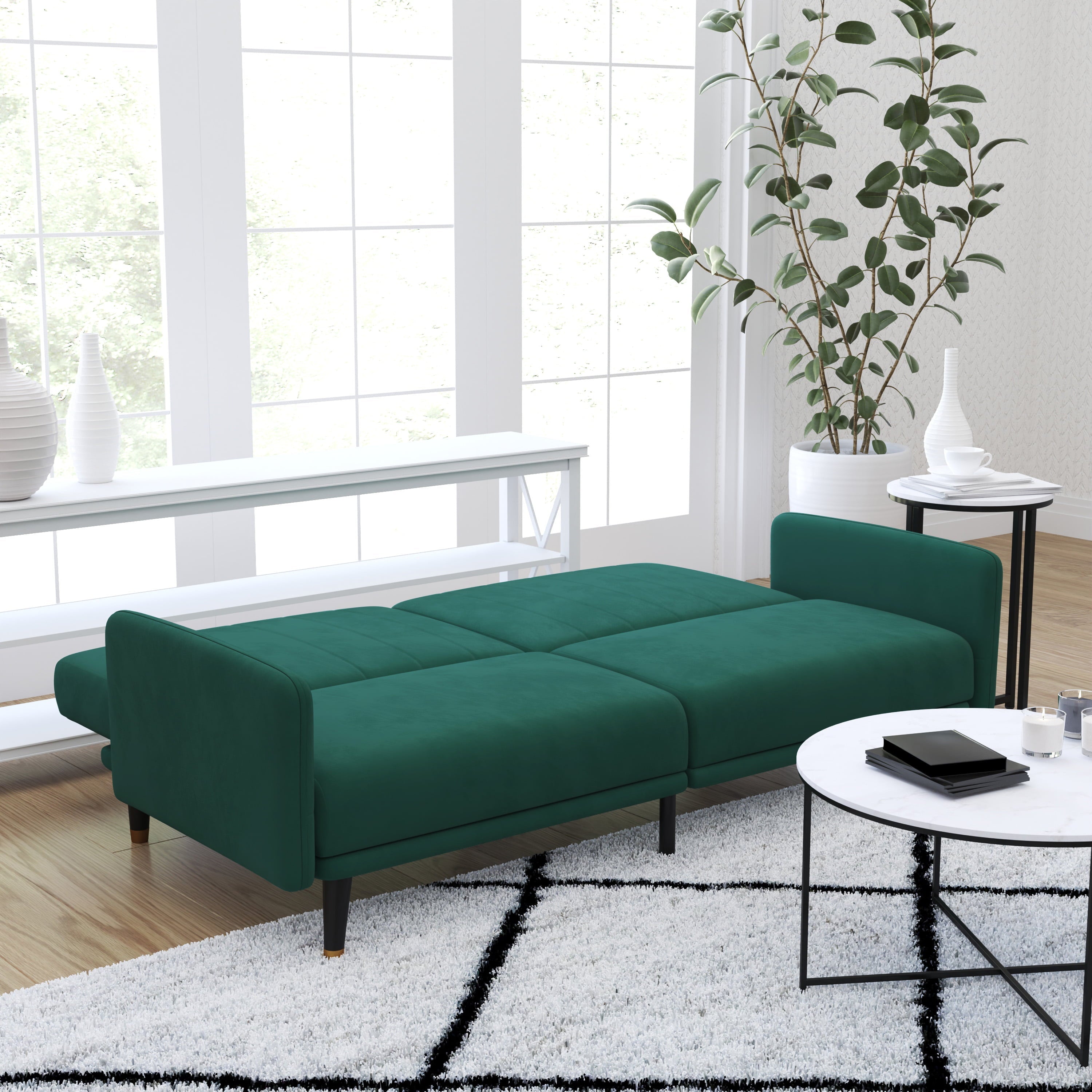 Merrick Lane Mid Century Modern Split-Back Sofa Futon with 3 Recline Positions In Elegant Emerald Velvet Upholstery