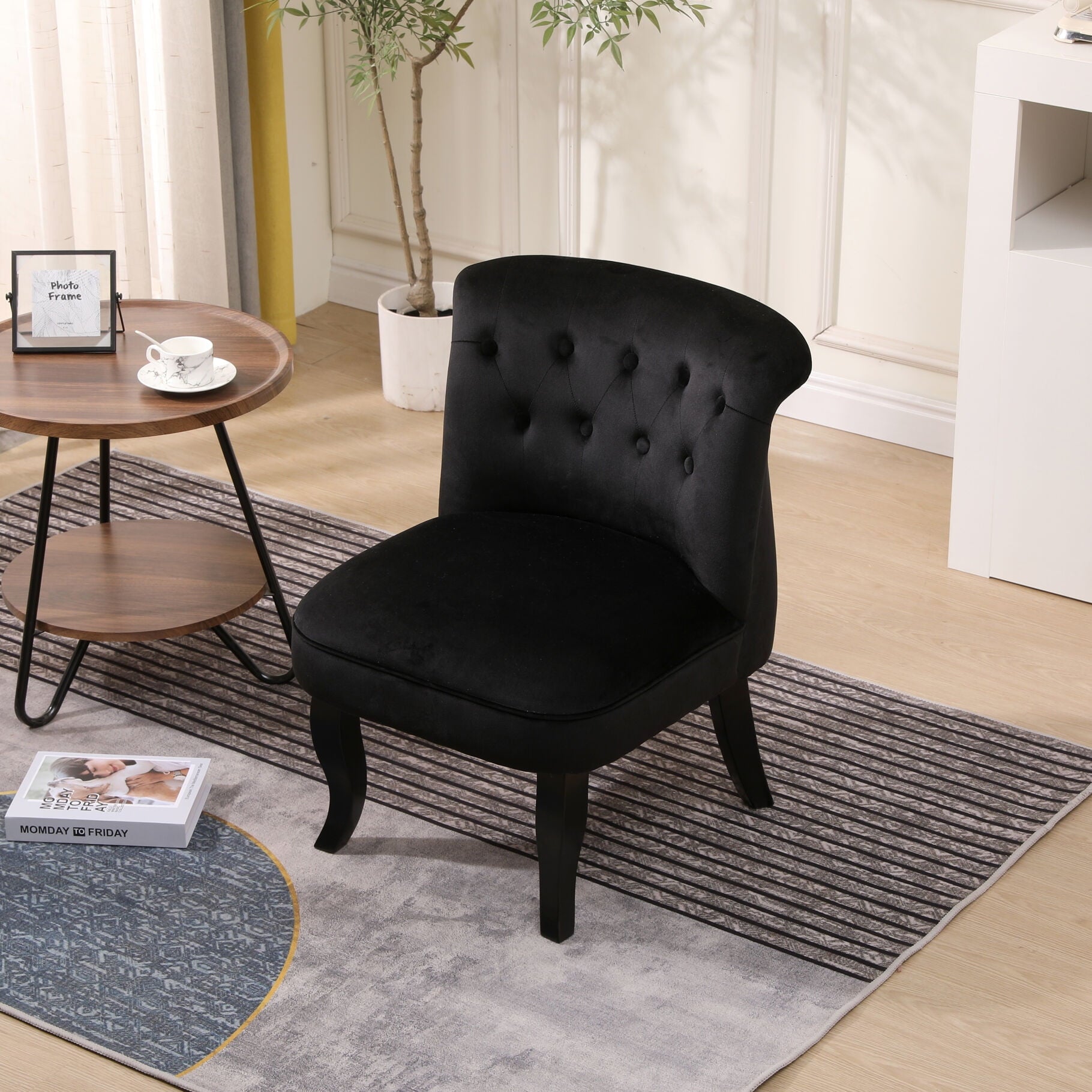 Modern Velvet Dining Chair with Solid Wood Legs, Tufted Vanity Chairs with Back, Accent Chair with Wood Frame, Single Sofa Chair for Bedroom, Living Room, Office, Study Room, Black