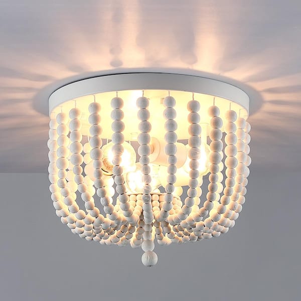 12.6 in. 3-Light Bohemia Antique White Wood Beaded Flush Mount Ceiling Light