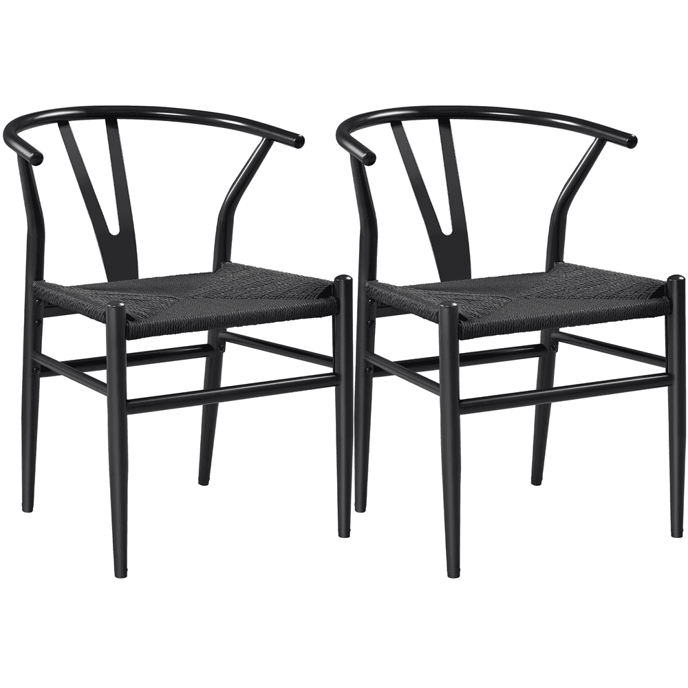 Alden Design Mid-Century Metal Dining Chairs with Woven Hemp Seat, Set of 2, Black