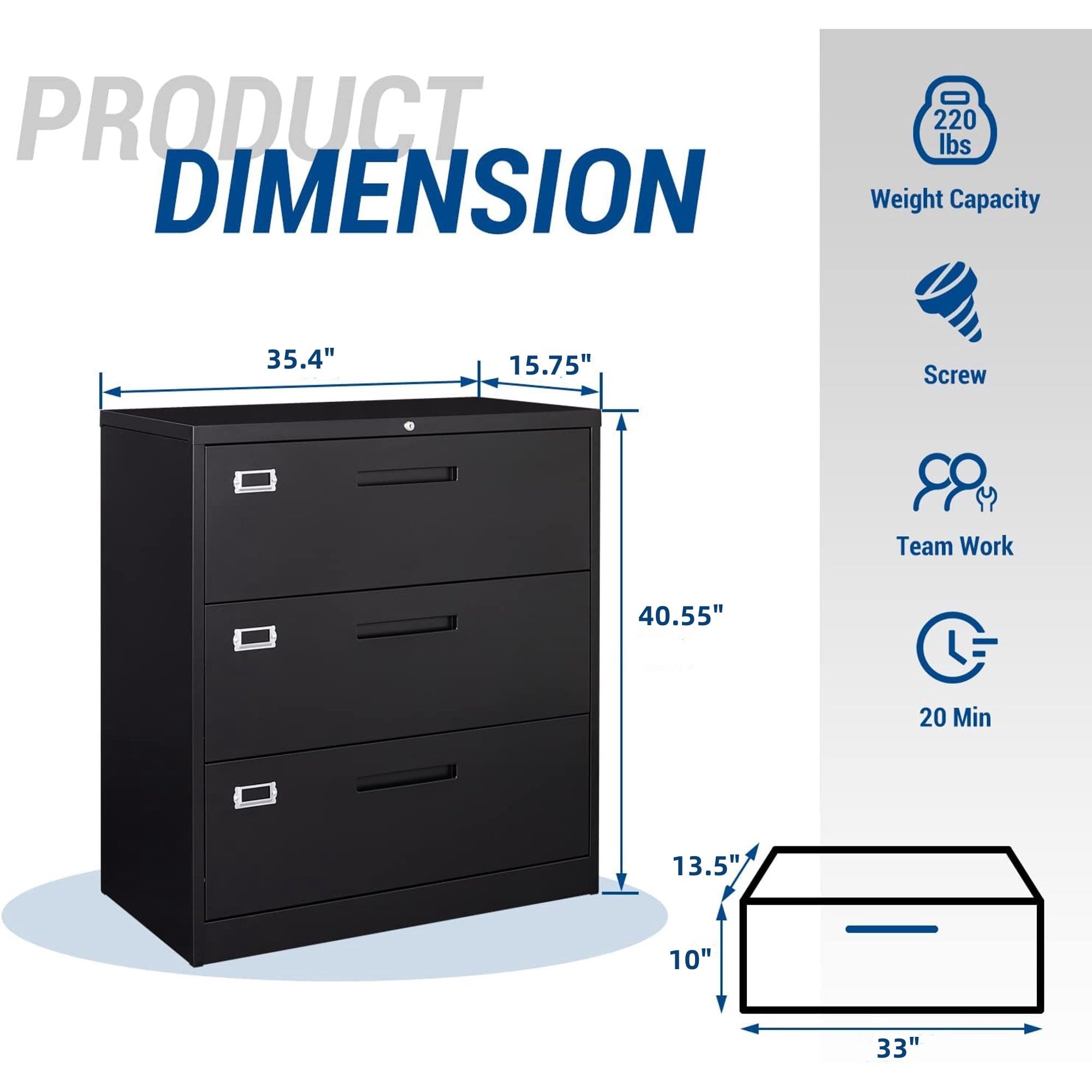 STANI Lateral File Cabinet with Lock, 3 Drawer Lockable Filing Cabinet, Large Metal Storage File Cabinet for Hanging Files Letter/Legal/F4/A4 Size