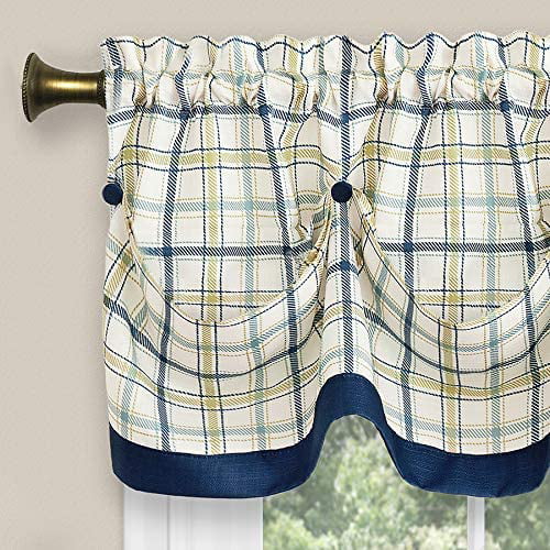 3-Piece Window Kitchen Curtain Set with Double Layer Plaid Gingham Fabric, Tier Pair Panels and Button Tab Top Valance, Navy, 24