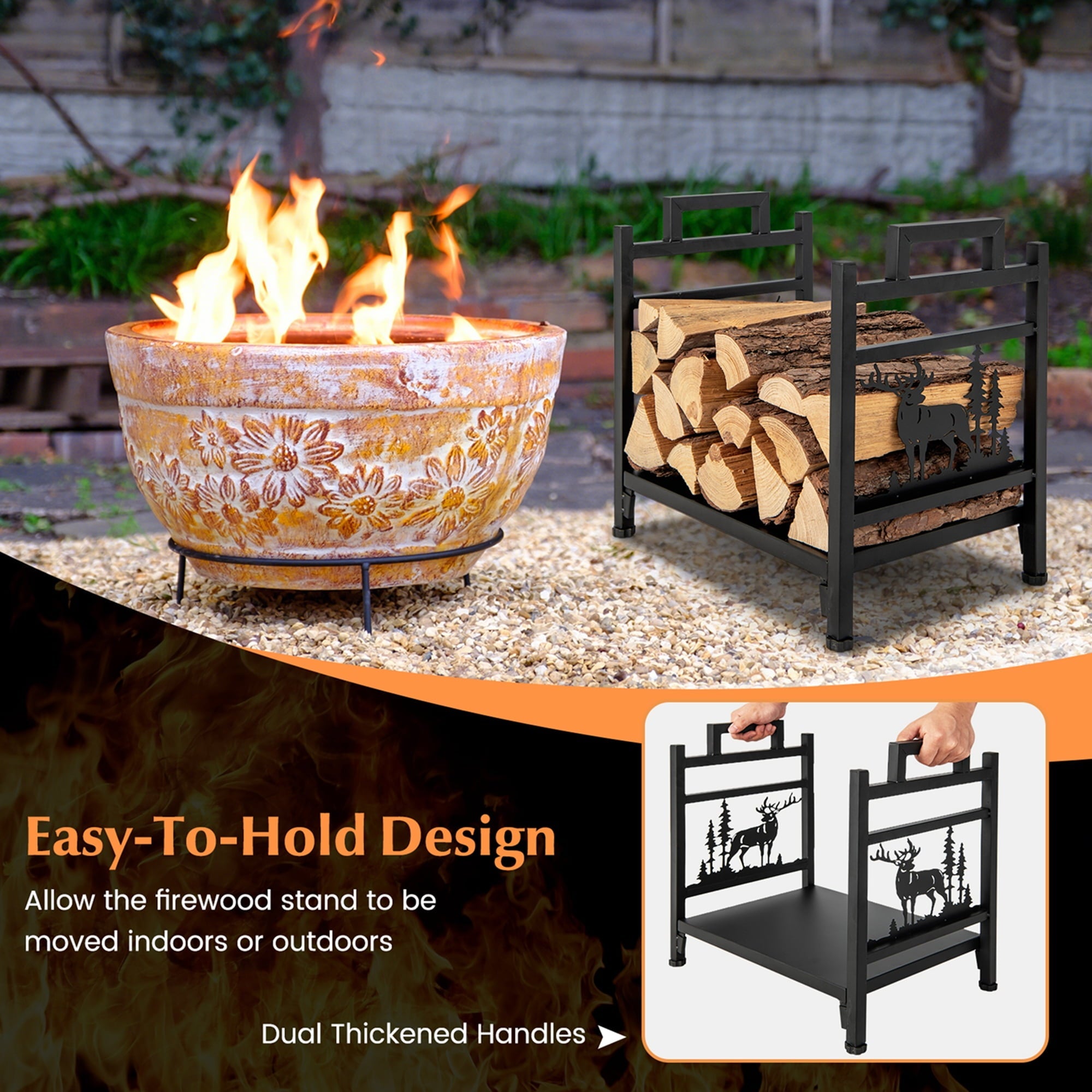 Costway 18.5 Inch Metal Firewood Rack Fireplace Log Holder with Dual Handles Solid Base