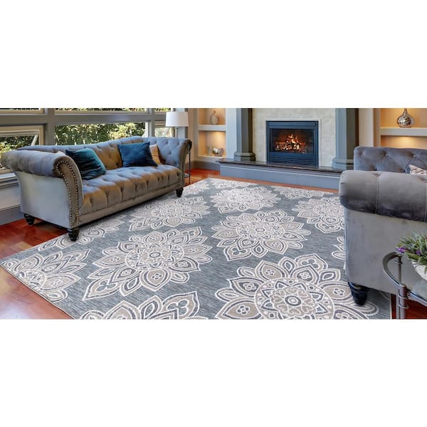 Blue 8 ft. x 10 ft. Floral Indoor/Outdoor Area Rug