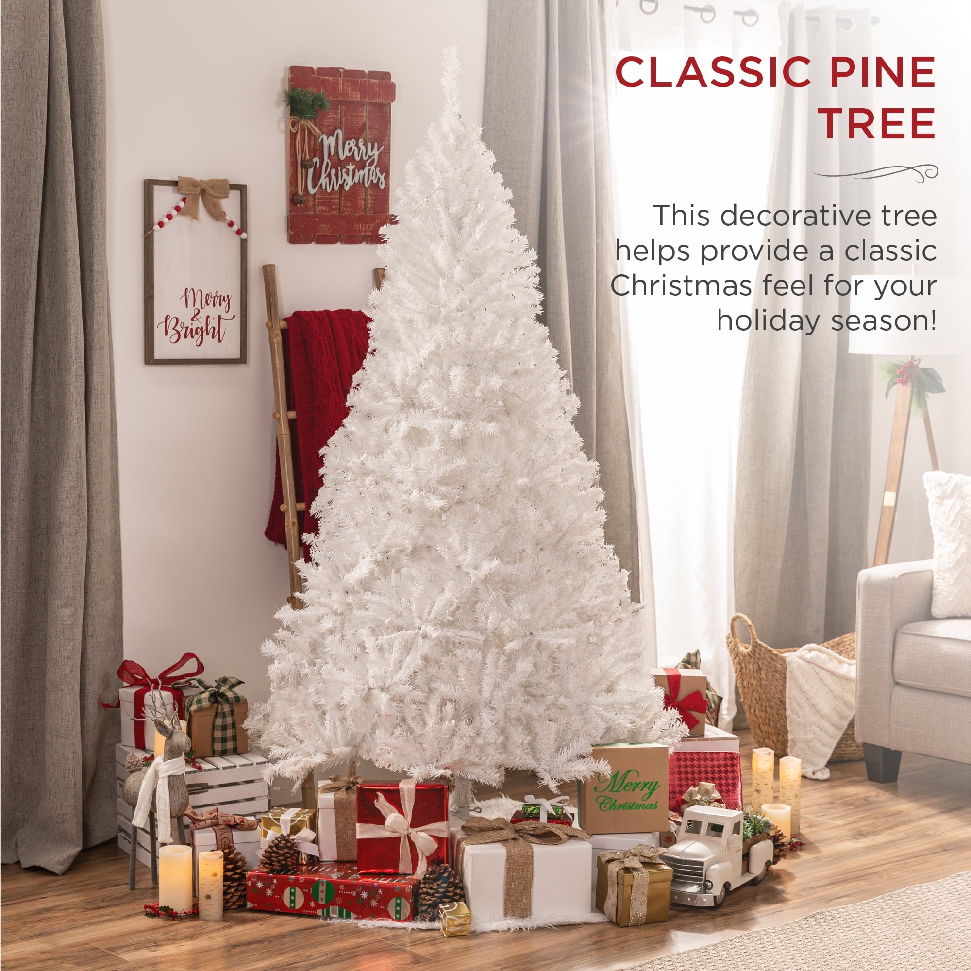 Best Choice Products 7.5ft Premium White Hinged Artificial Christmas Pine Tree w/ 1,350 Tips, Metal Base