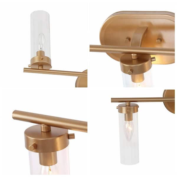 Antique Gold Modern 3-Light Bathroom Vanity Light 21.5 in. Powder Room Wall Light with Cylinder Clear Glass Shades