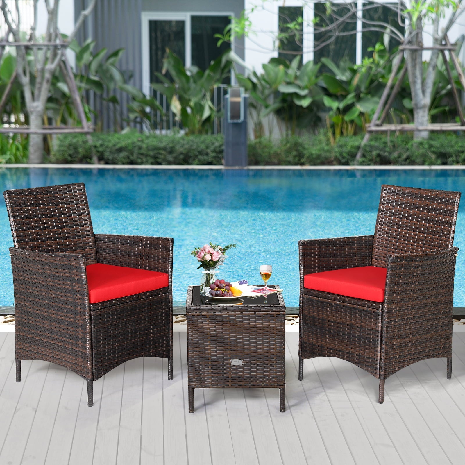 Patiojoy 3 Pieces Patio Rattan Conversation Furniture Wicker Chairs with Coffee Table & Cushions Red