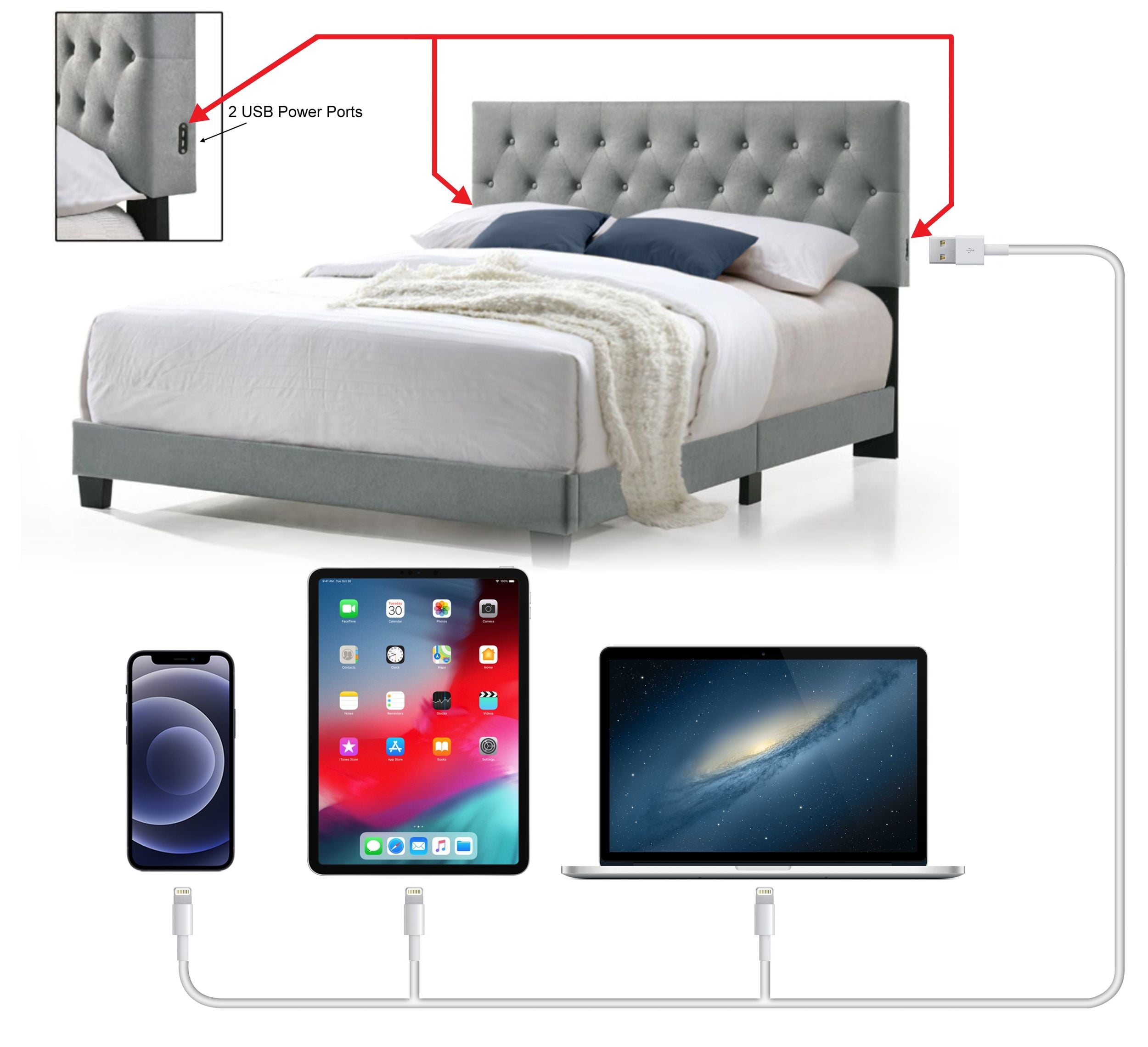 Royale Tufted Bed with USB Power Connection