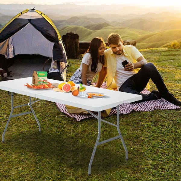 White Metal Portable Folding Outdoor Picnic Table with Carrying Handle