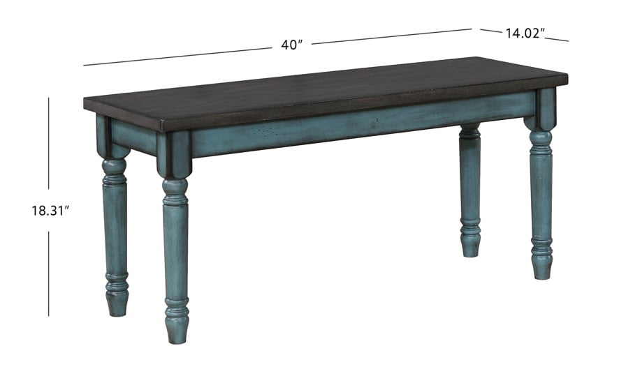 Powell Willow Farmhouse Dining Bench, Burnished Smoke and Distressed Teal Blue