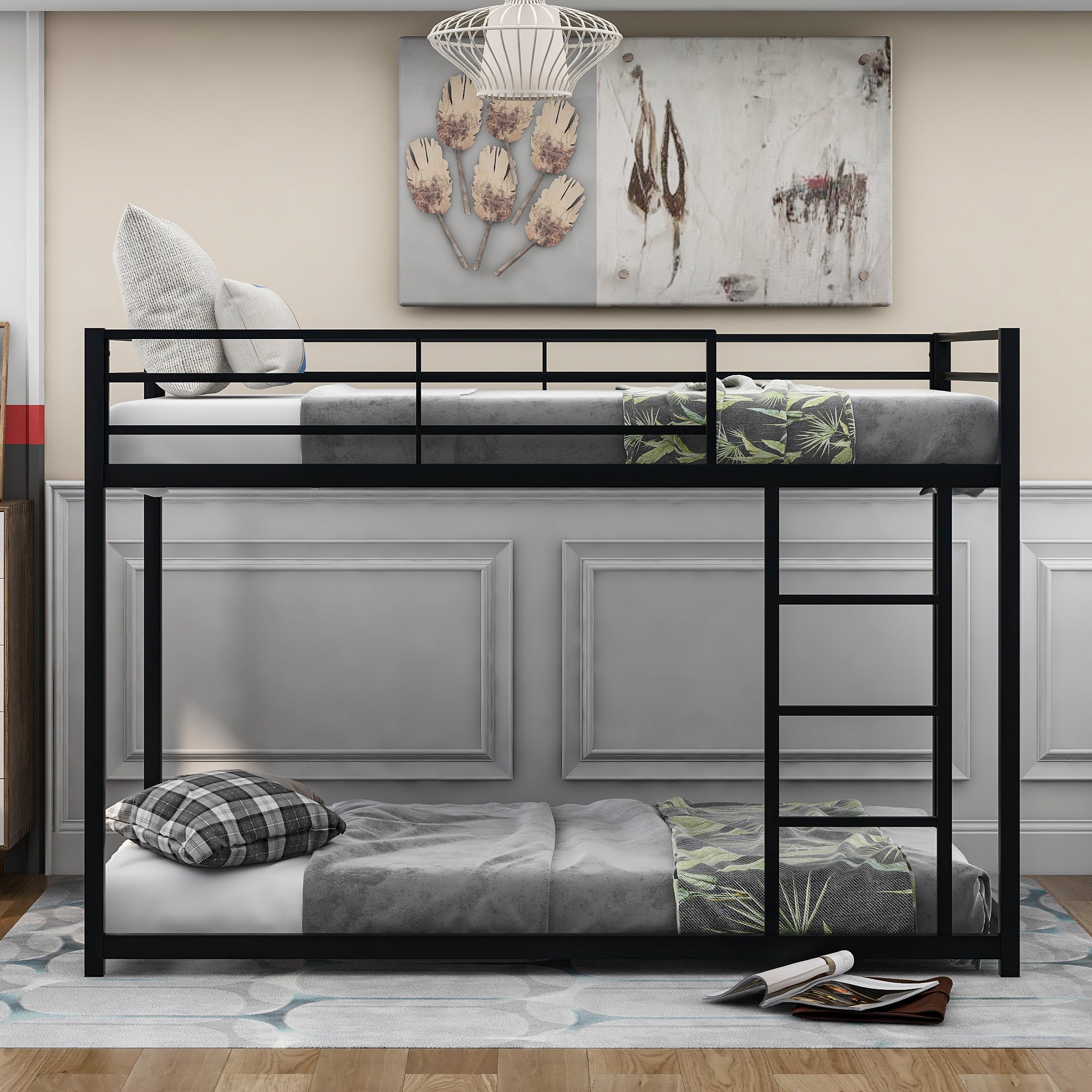 Euroco Twin Metal Low Bunk Bed with Ladder, Black