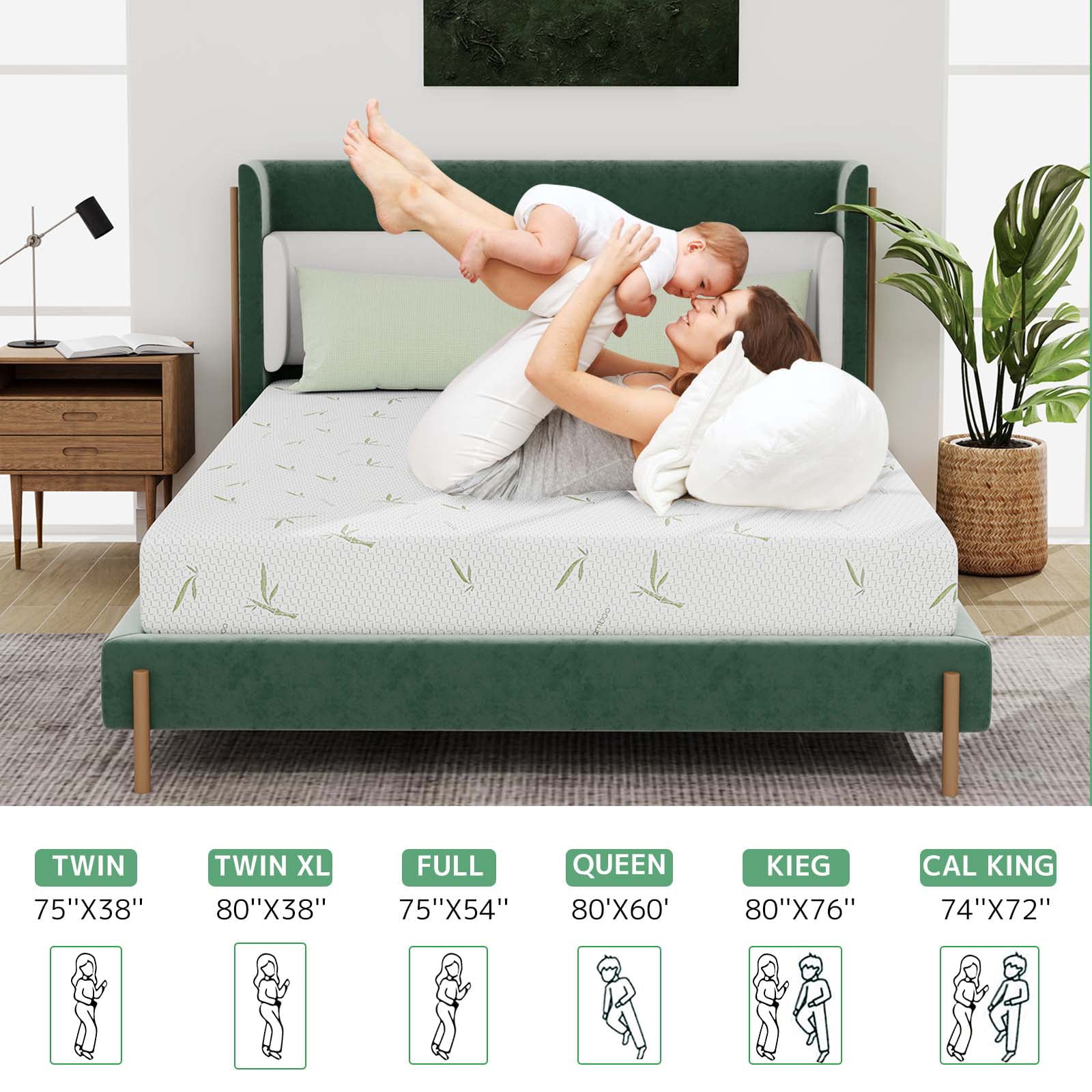 Twin Size Memory Foam Mattress with Bamboo Pattern Cover Breathable Bed Mattress in a Box, CertiPUR-US, Made in USA