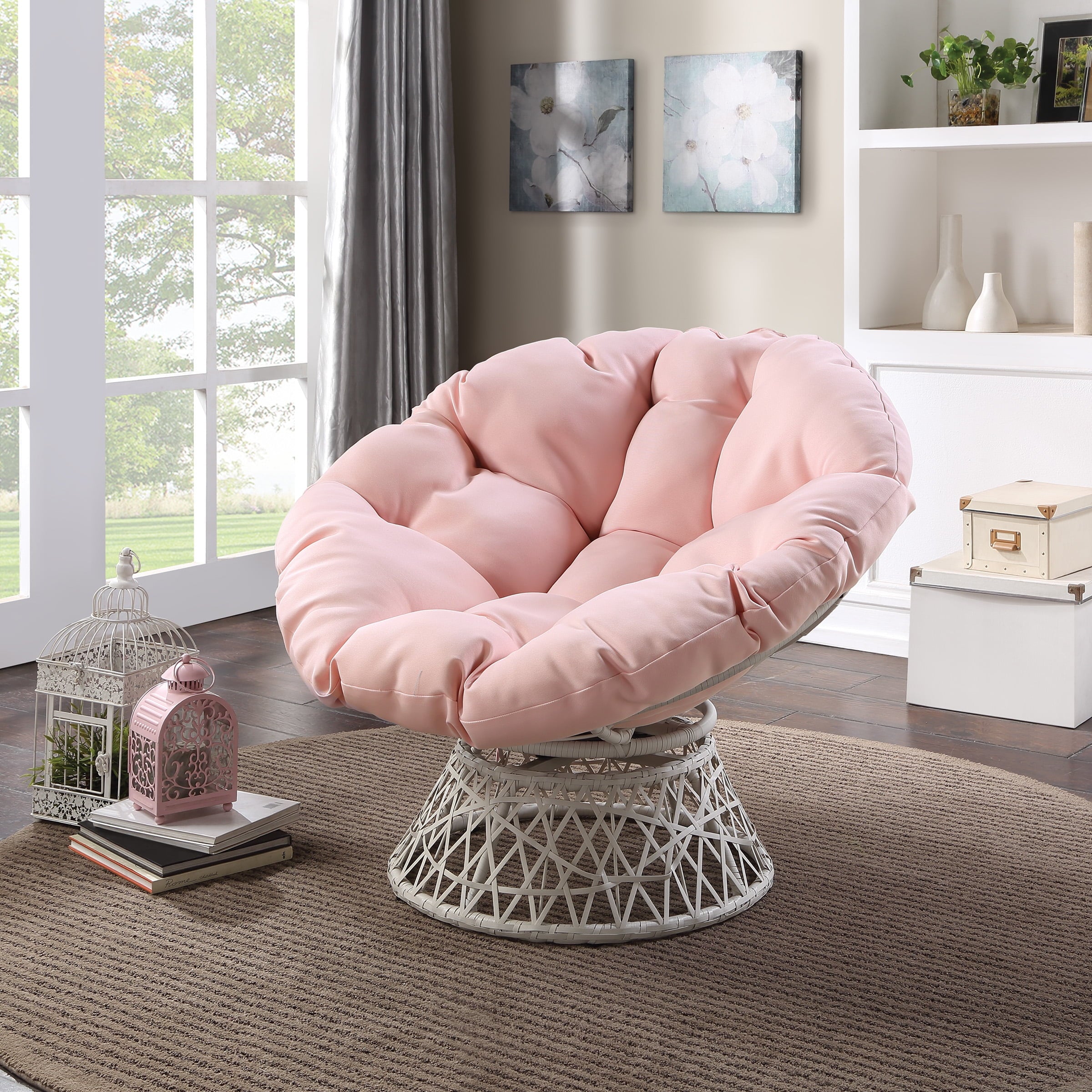 OSP Home Furnishings Specialty Seating Series Papasan Chair, Cream Wicker Weave with Pink Round Pillow Cushion
