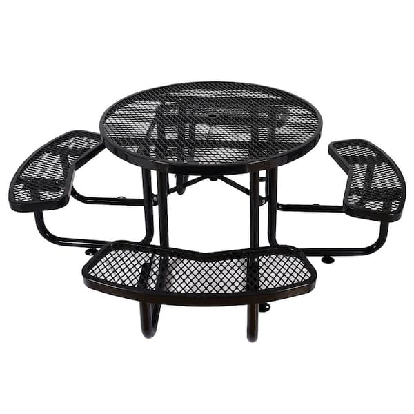 46 in. Black Round Steel Picnic Table Seats 8-People with Umbrella Hole