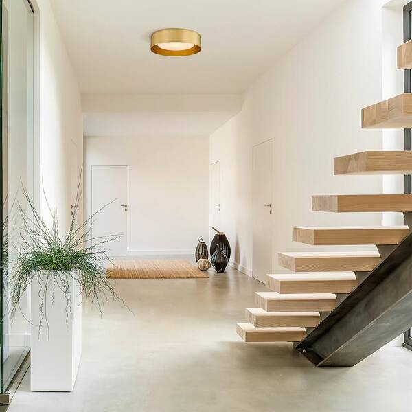 13.8 in. 1-Light Gold Flush Mount with Frosted Glass Shade