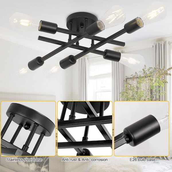 18.9 in. 6-Light Black Sputnik Linear Semi- Flush Mount Ceiling Light Fixture