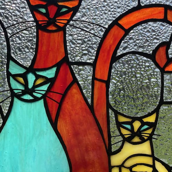 Three Cool Cats Red, Aqua and Yellow Stained Glass Decorative Window Panel