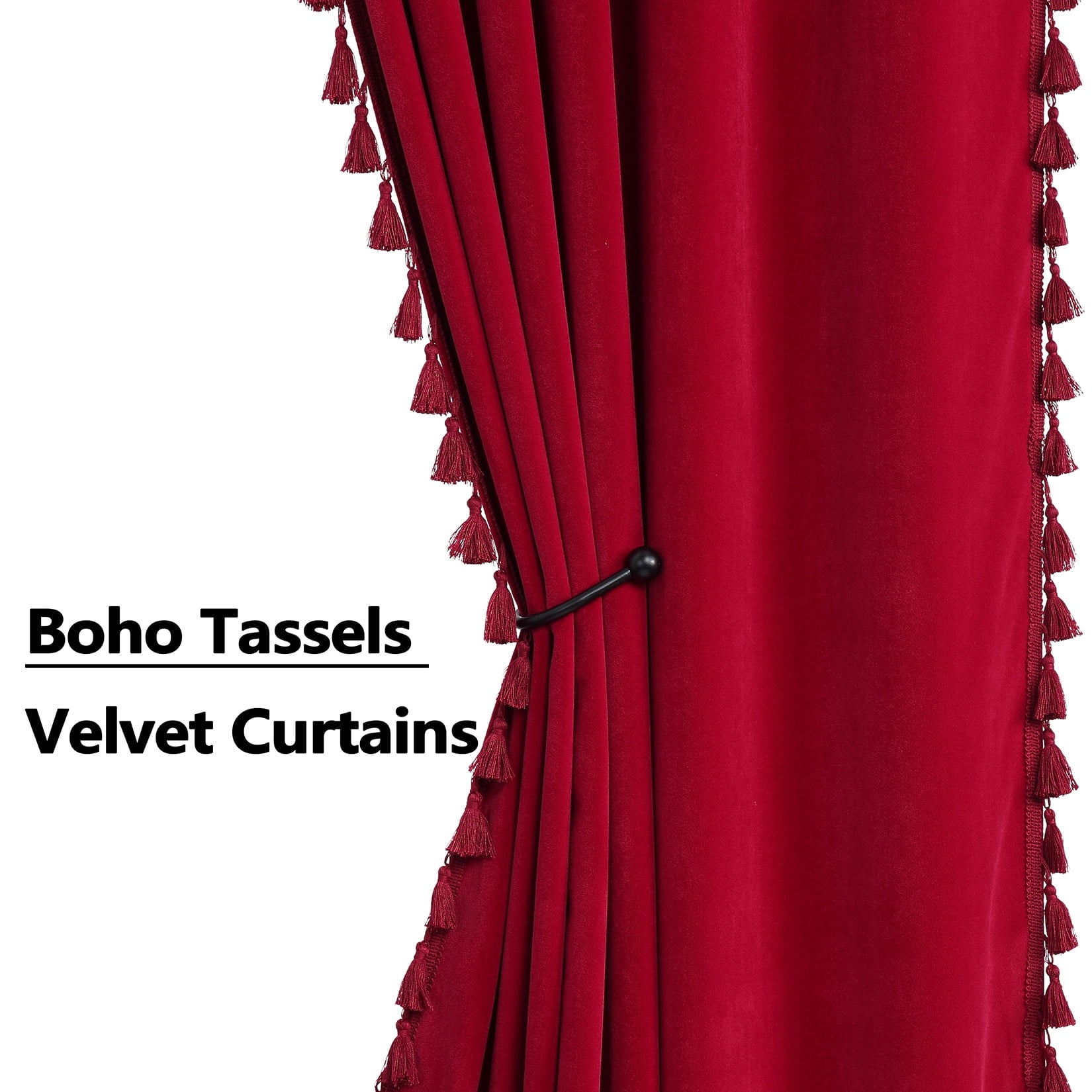 Soft Luxury Velvet Curtains with Tassels, 2 Panel Rod Pocket Blackout Curtain Drapes