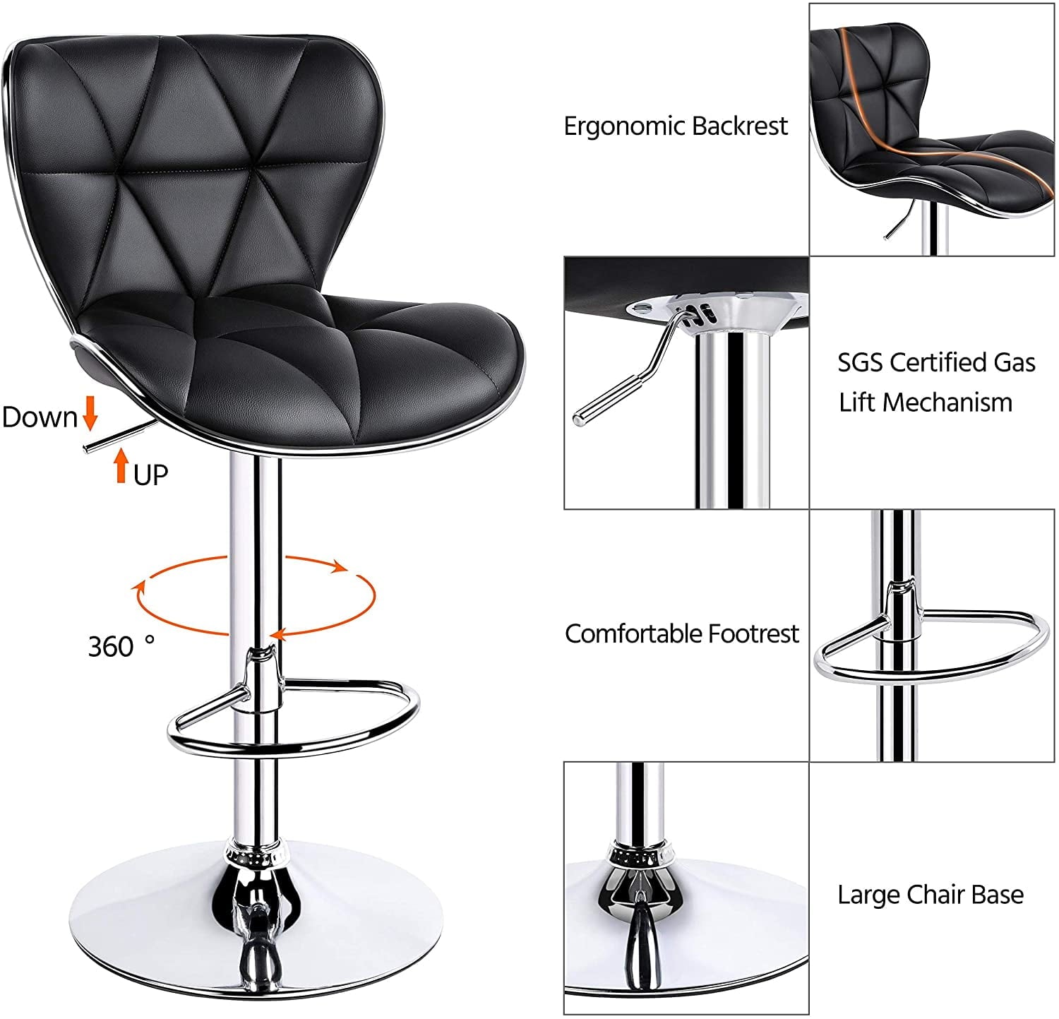 Leopard PU Leather Padded Shell Back Adjustable Swivel Bar Stools, Black