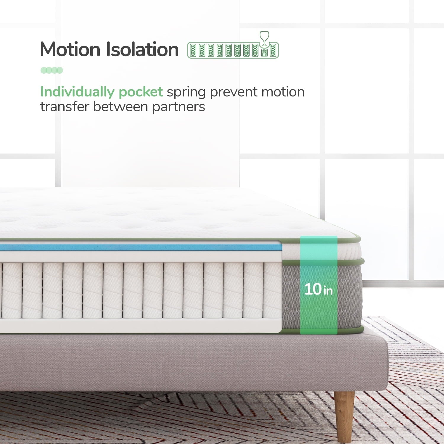 10'' Pocket Spring Hybrid Mattress in a Box for Cool Sleep, Queen Size Mattress