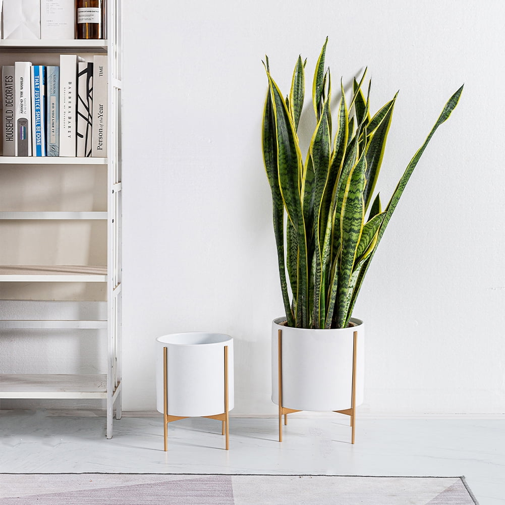Kimisty 8 Inch Ceramic Planter with Stand, Zoe Mid Century Modern Pot with Gold Iron Metal Plant Stand, Large Indoor Tall Floor Tree, Snake Plant, Aloe Planter, with Drainage and a Plug