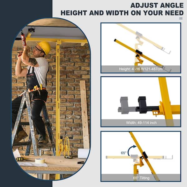 16 ft. Lift Drywall Panel Hoist Jack Adjust Angle Height and Width for Ceiling in Yellow