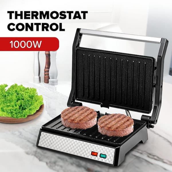 Nickel Brushed Electric Panini Press Grill, 2-Slice, Drip Tray Included