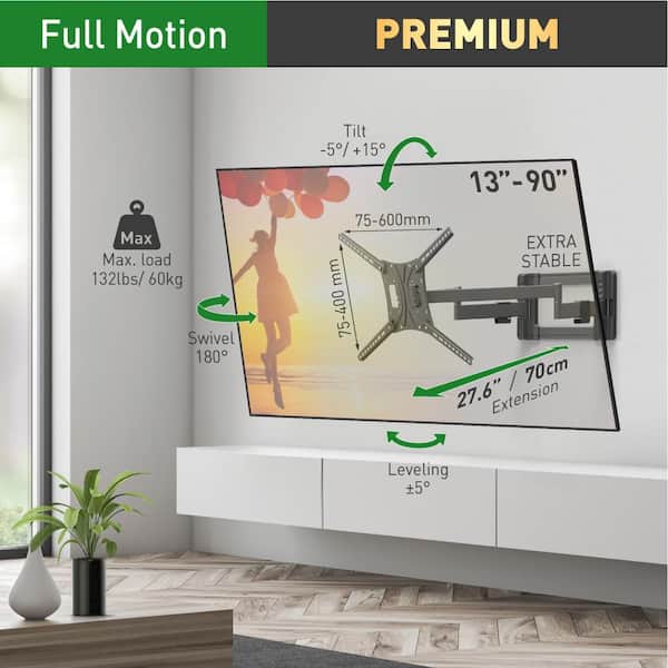 Barkan 40 in. to 90 in. Full Motion - 4 Movement Long Flat /Curved TV Wall Mount, Black, Extremely Extendable, UL Listed