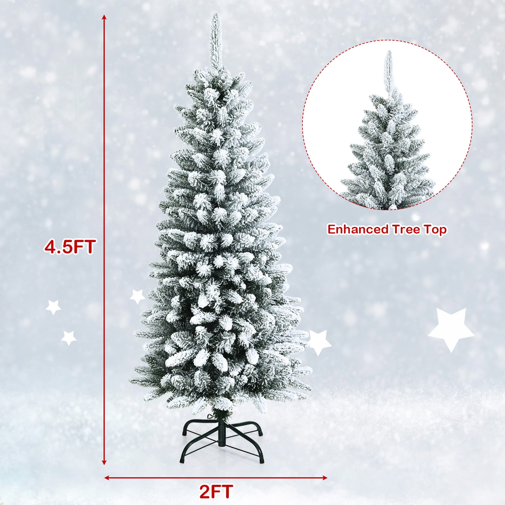 Gymax 4.5 FT Artificial Slim Christmas Tree Unlit Snow-Flocked Xmas Pencil Tree